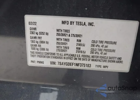 2022 Tesla Model Y Performance Dual Motor All-Wheel Drive z USA, uszkodzony, nr VIN 7SAYGDEF1NF375183